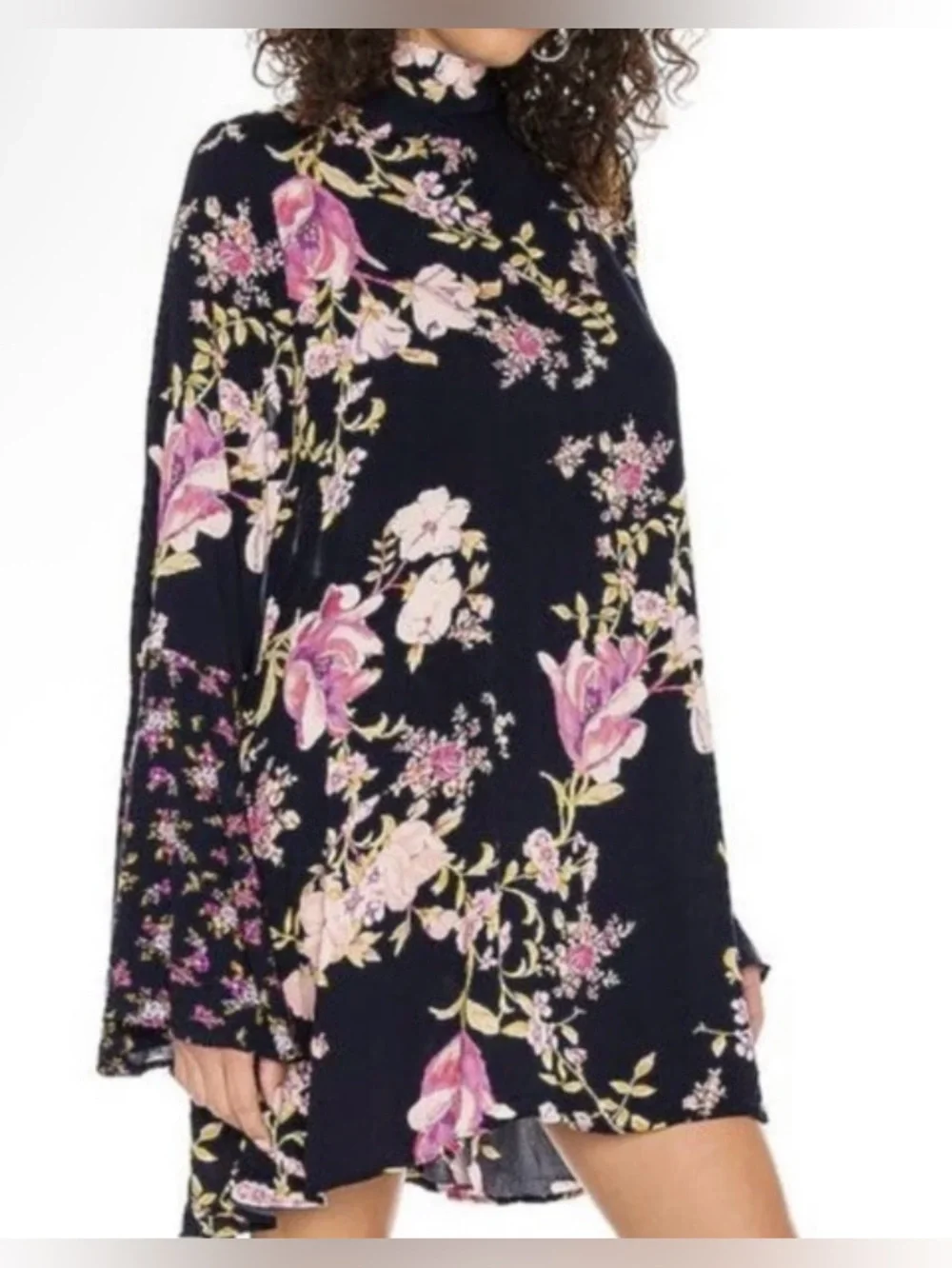 Free People Navy and Pink Floral Bell Sleeve Tunic Blouse - Size S